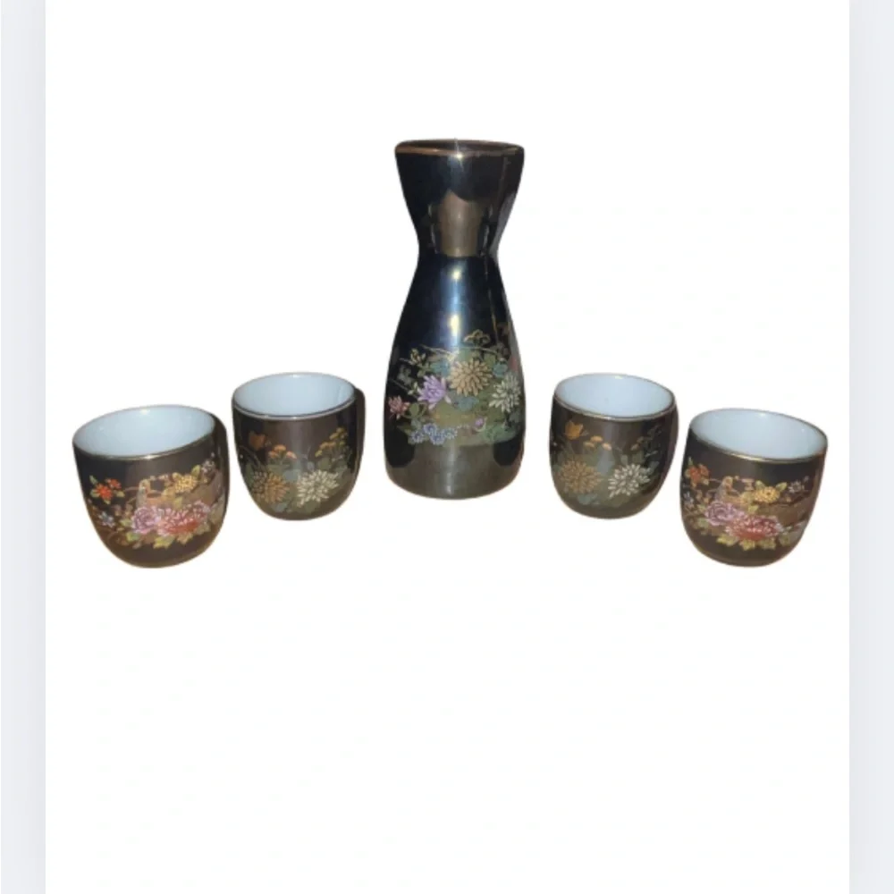 Vintage MCI Japan 5-Piece Black & Gold Peacock Floral Sake Set